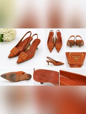 Prada Orange Leather Slingback Kitten Heels with Logo Plaque